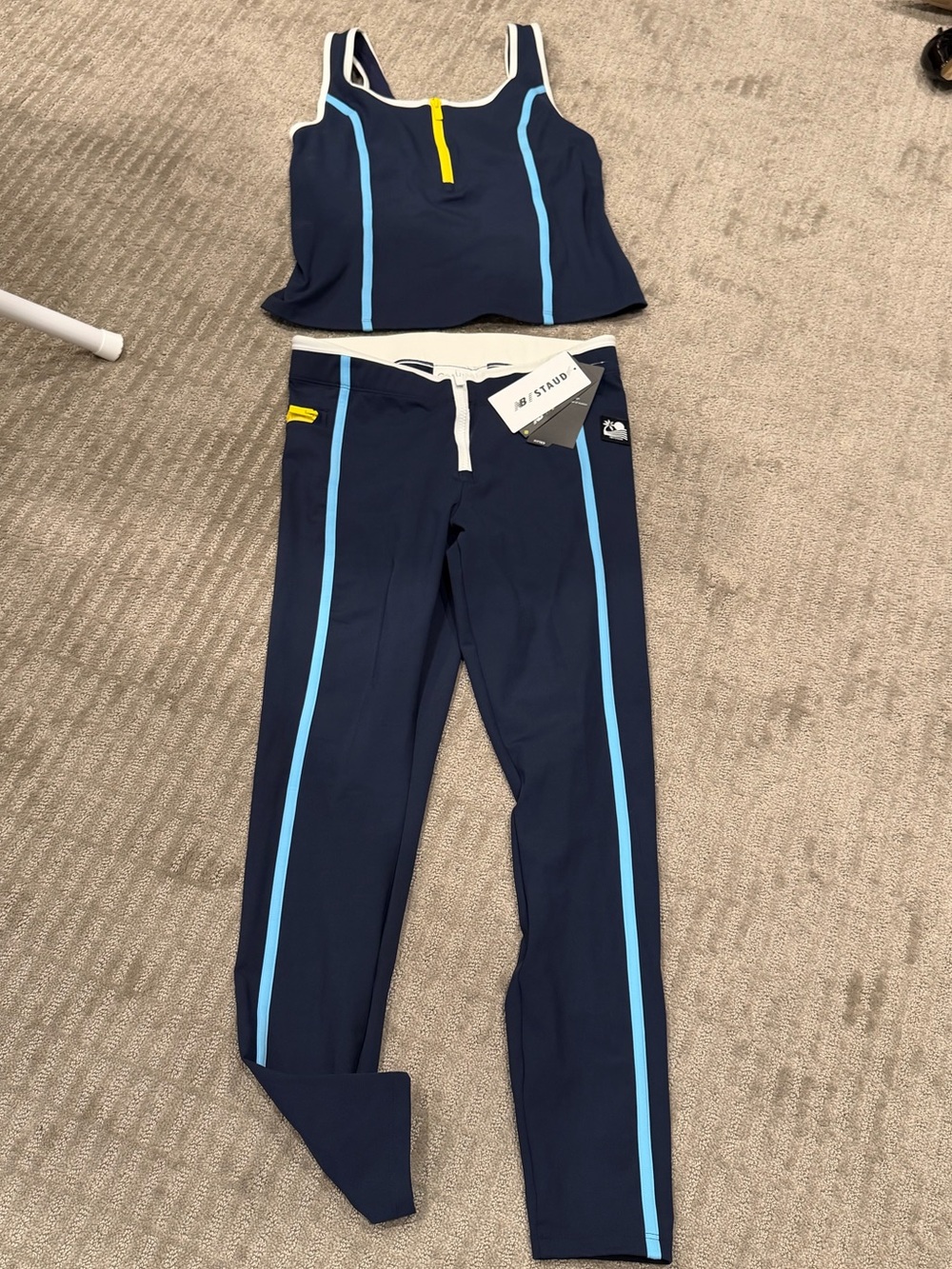 STAUD x NB | Navy Blue Leggings & Crop Tank with Light Blue and Yellow Trim